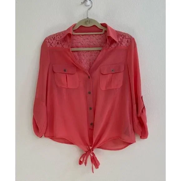 Womens Orange Sheer Tie Front Button Up Lace Back in size Medium - Picture 1 of 7